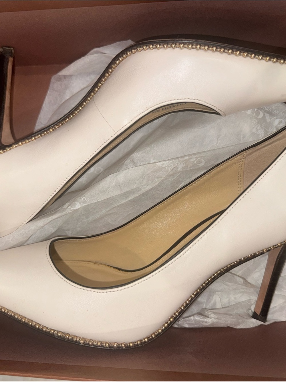Coach Elegant Cream High Heel Pumps with Beaded Trim